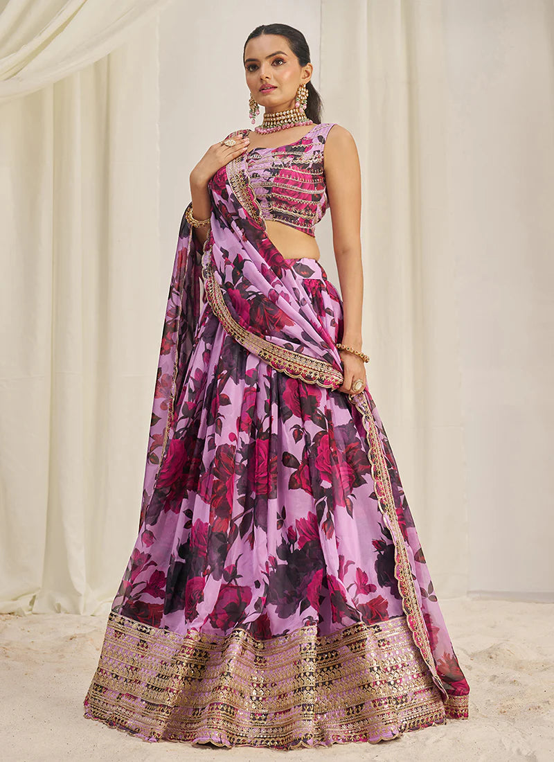 Purple Floral Printed Embroidery Lehenga Choli