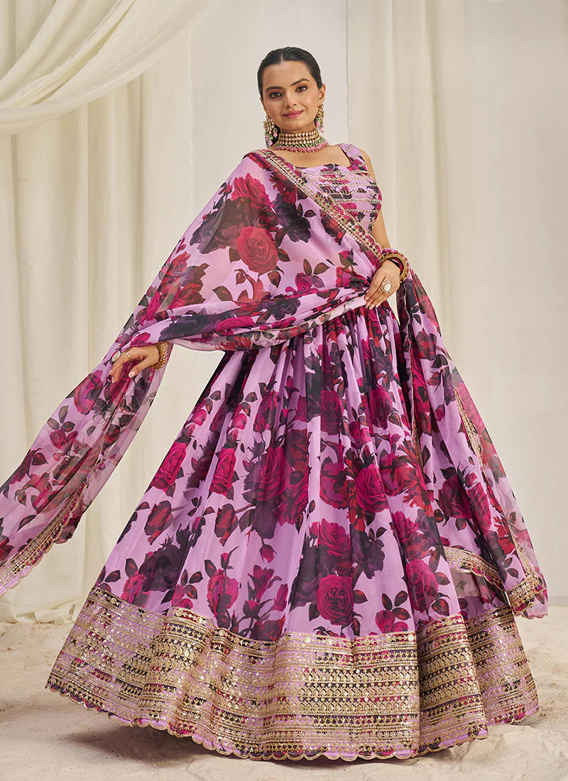 Purple Floral Printed Embroidery Lehenga Choli