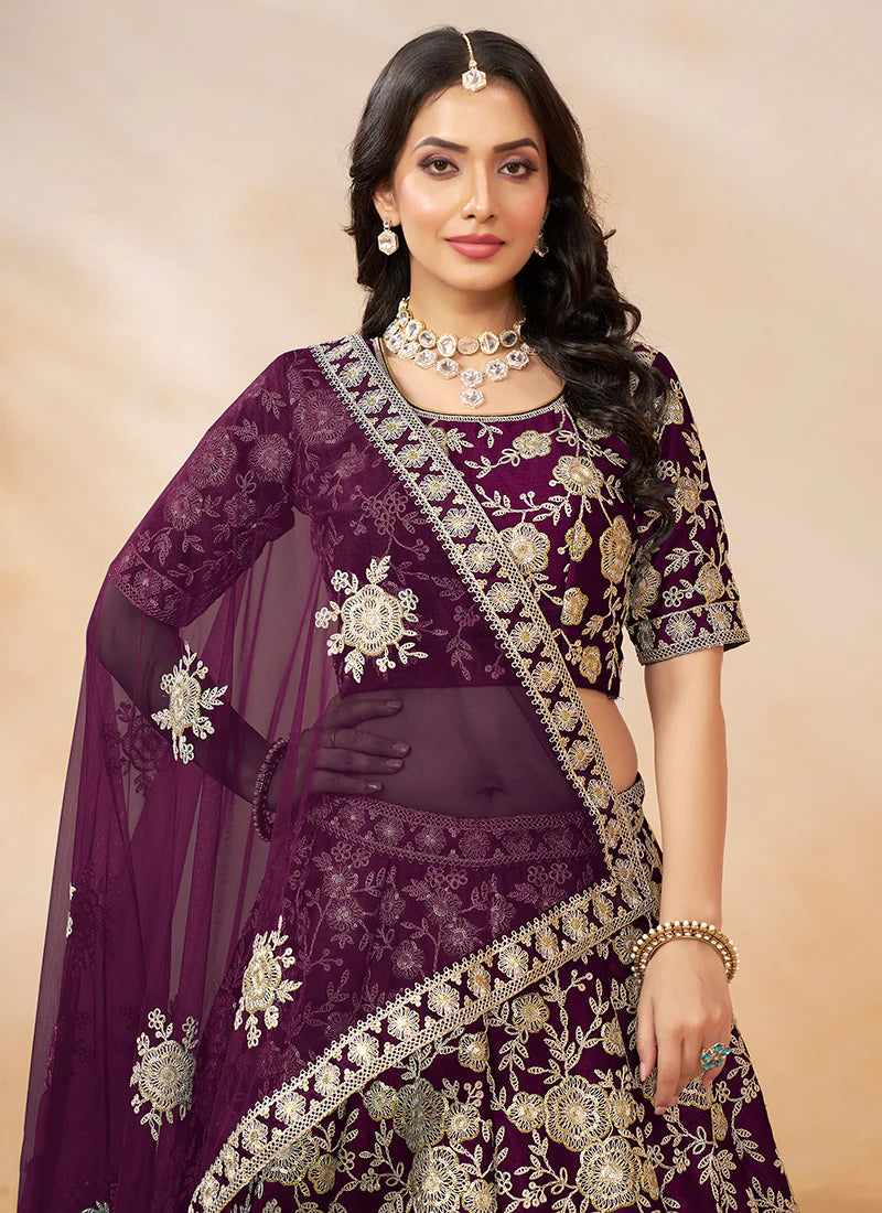 Purple Golden Embroidery Wedding Lehenga Choli