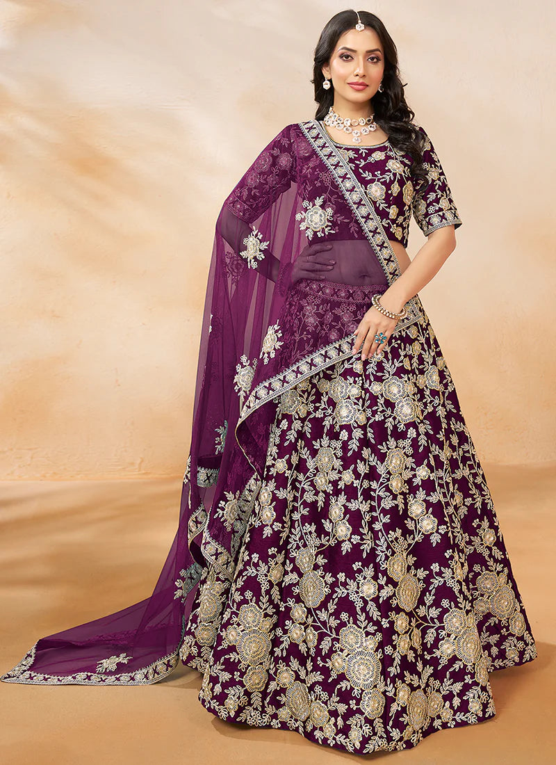 Purple Golden Embroidery Wedding Lehenga Choli