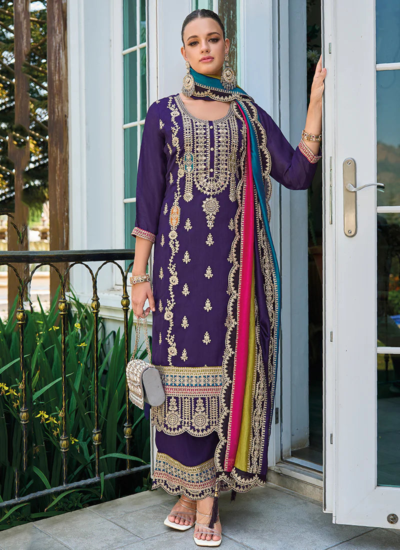 Purple Multicolored Traditional Embroidery Pant Style Suit