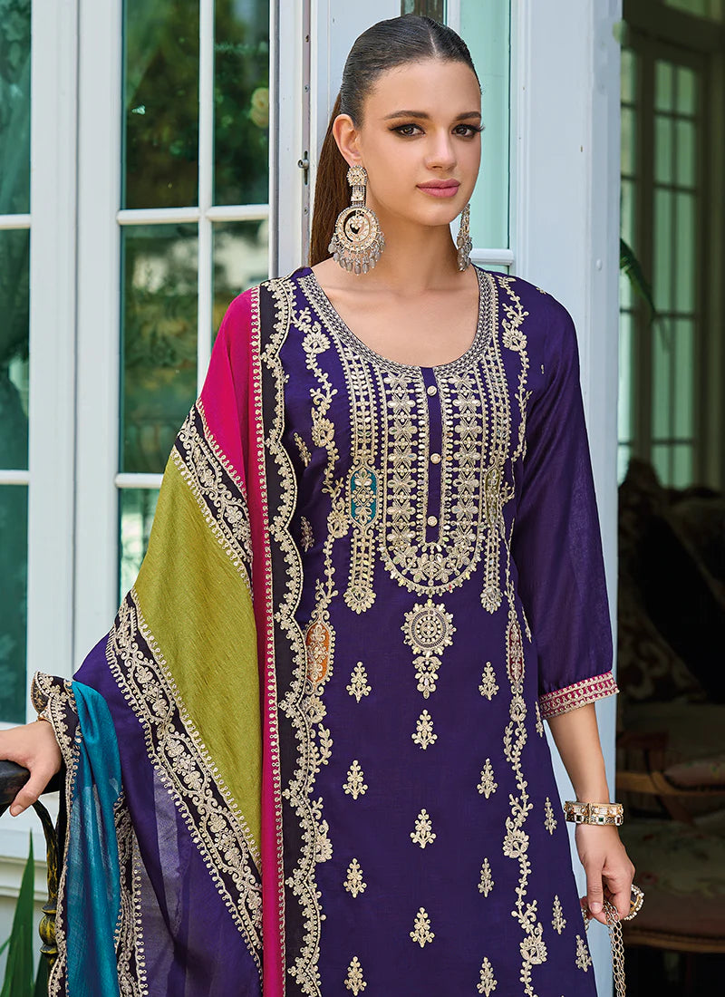 Purple Multicolored Traditional Embroidery Pant Style Suit