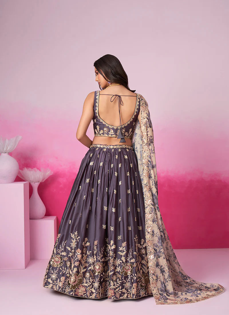 Purple Sequence Embroidery Printed Lehenga Choli