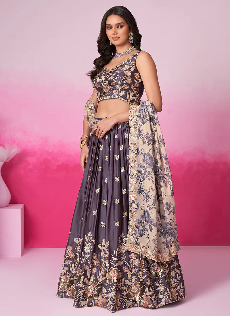 Purple Sequence Embroidery Printed Lehenga Choli