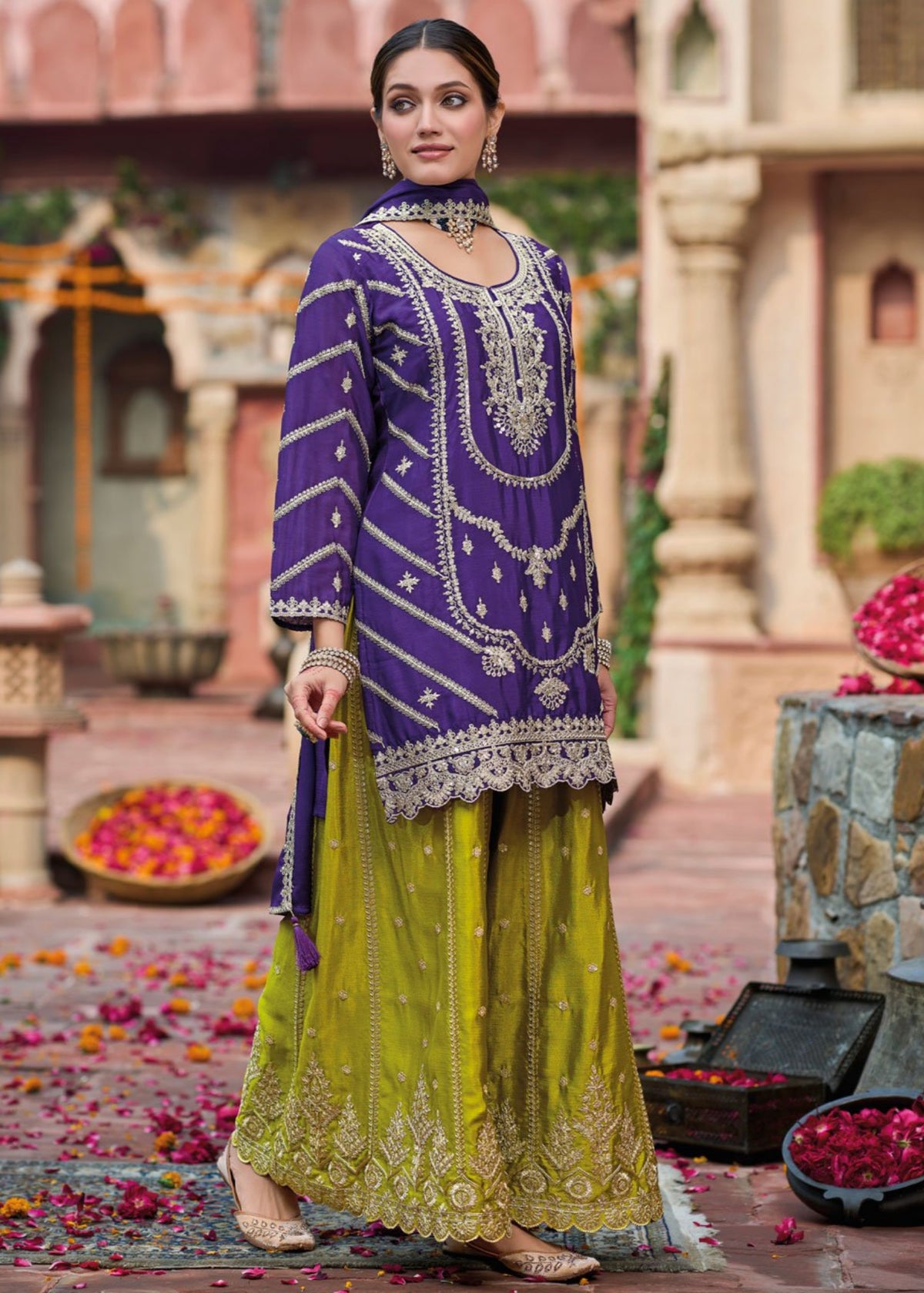 Purple And Olive Green Embroidered Sharara Suit