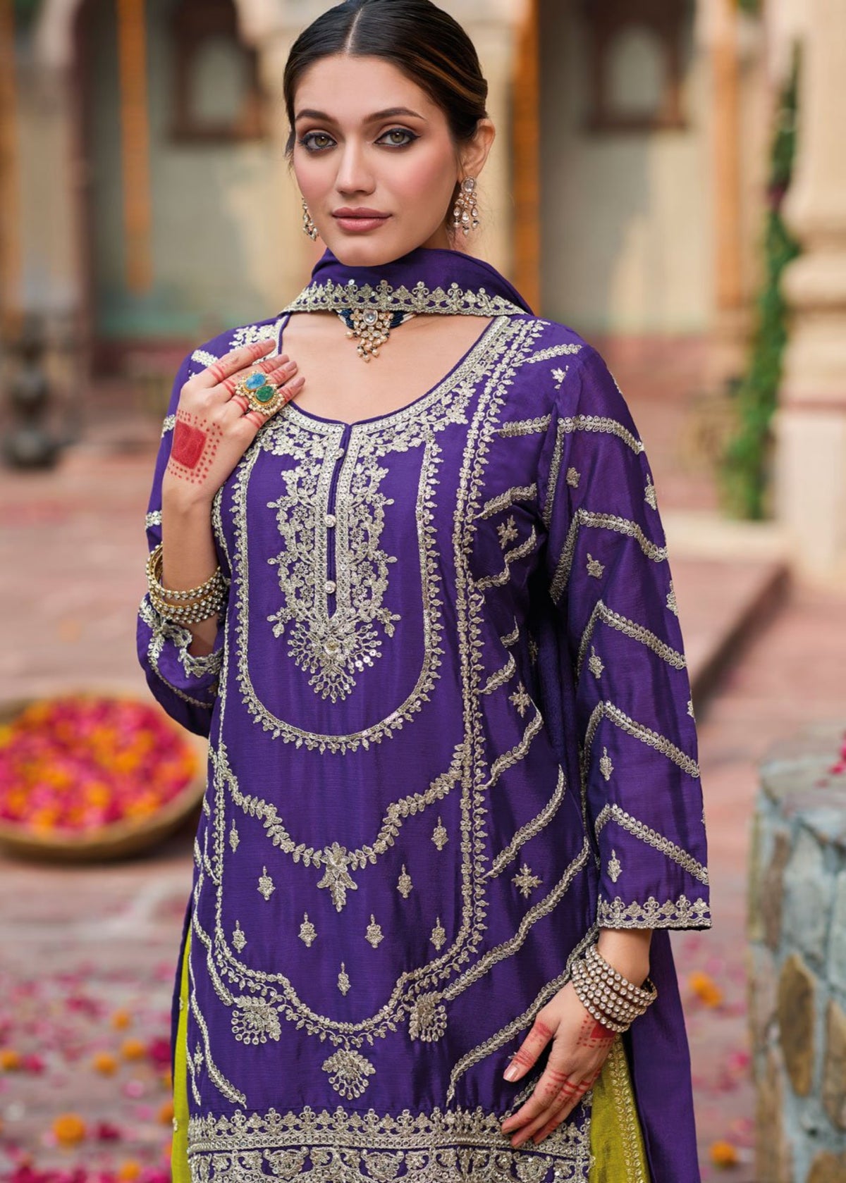 Purple And Olive Green Embroidered Sharara Suit