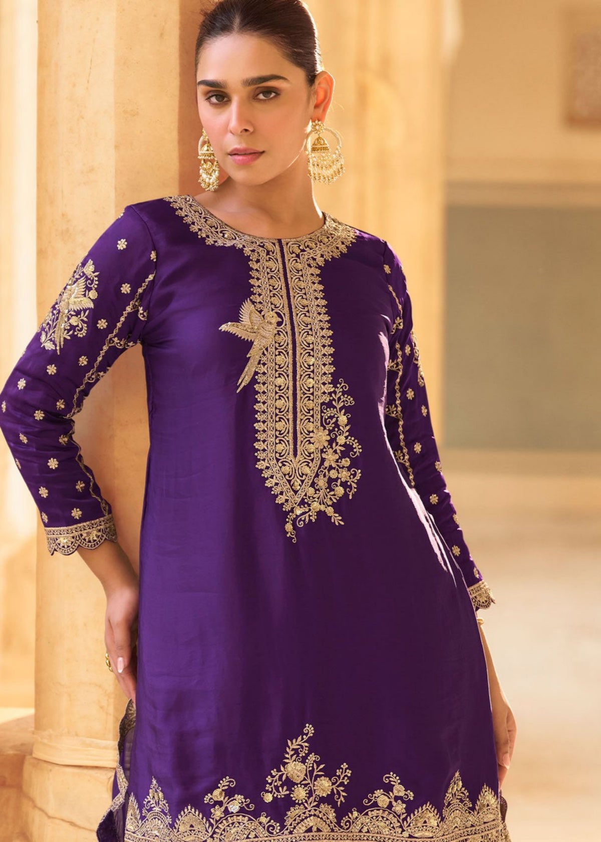 Purple Embroidered Dhoti Style Suit