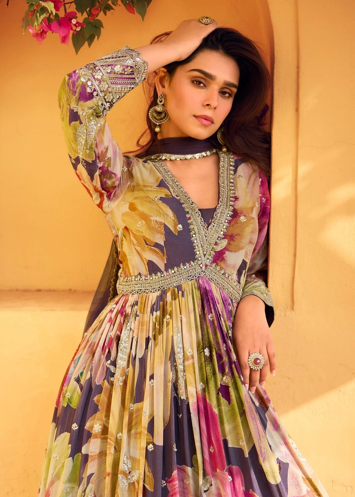 Purple Embroidered Floral Anarkali gown