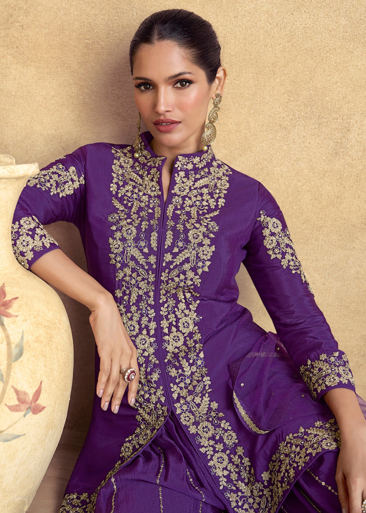 Buy Purple Embroidered Sharara Style Suit