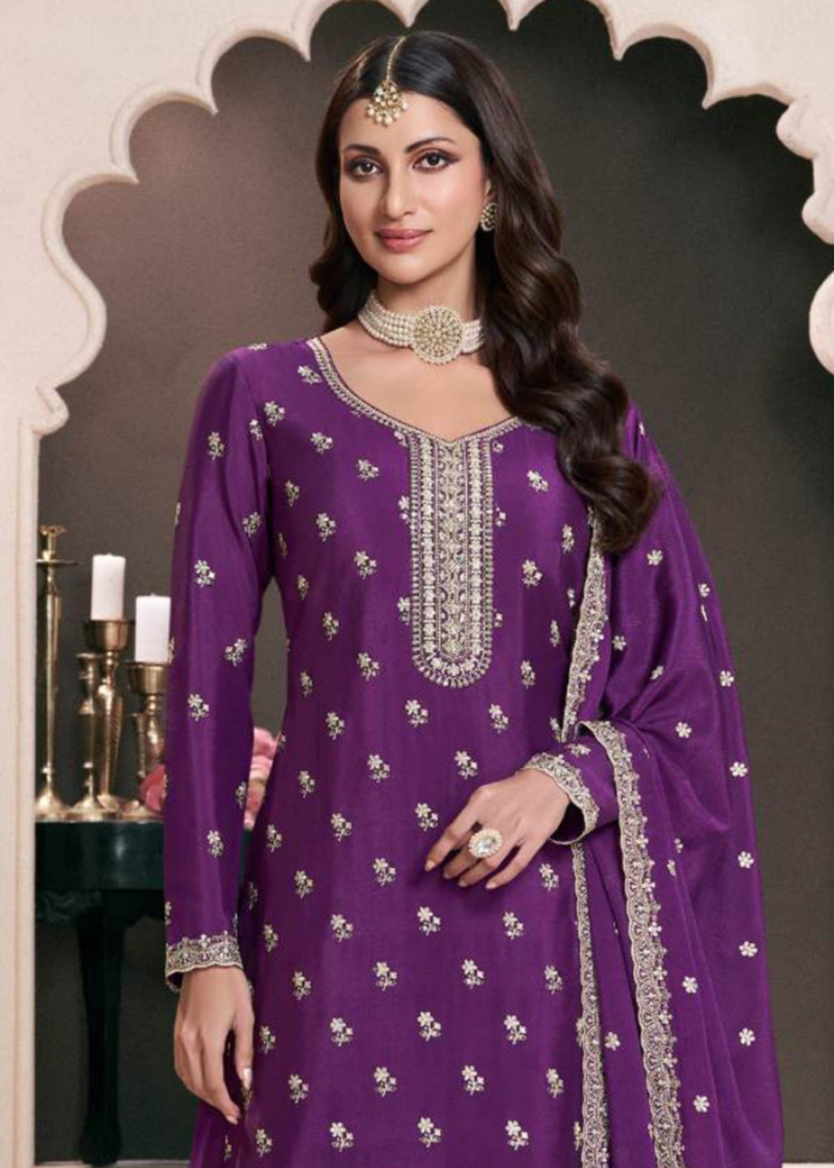 Purple Embroidered Sharara Suit