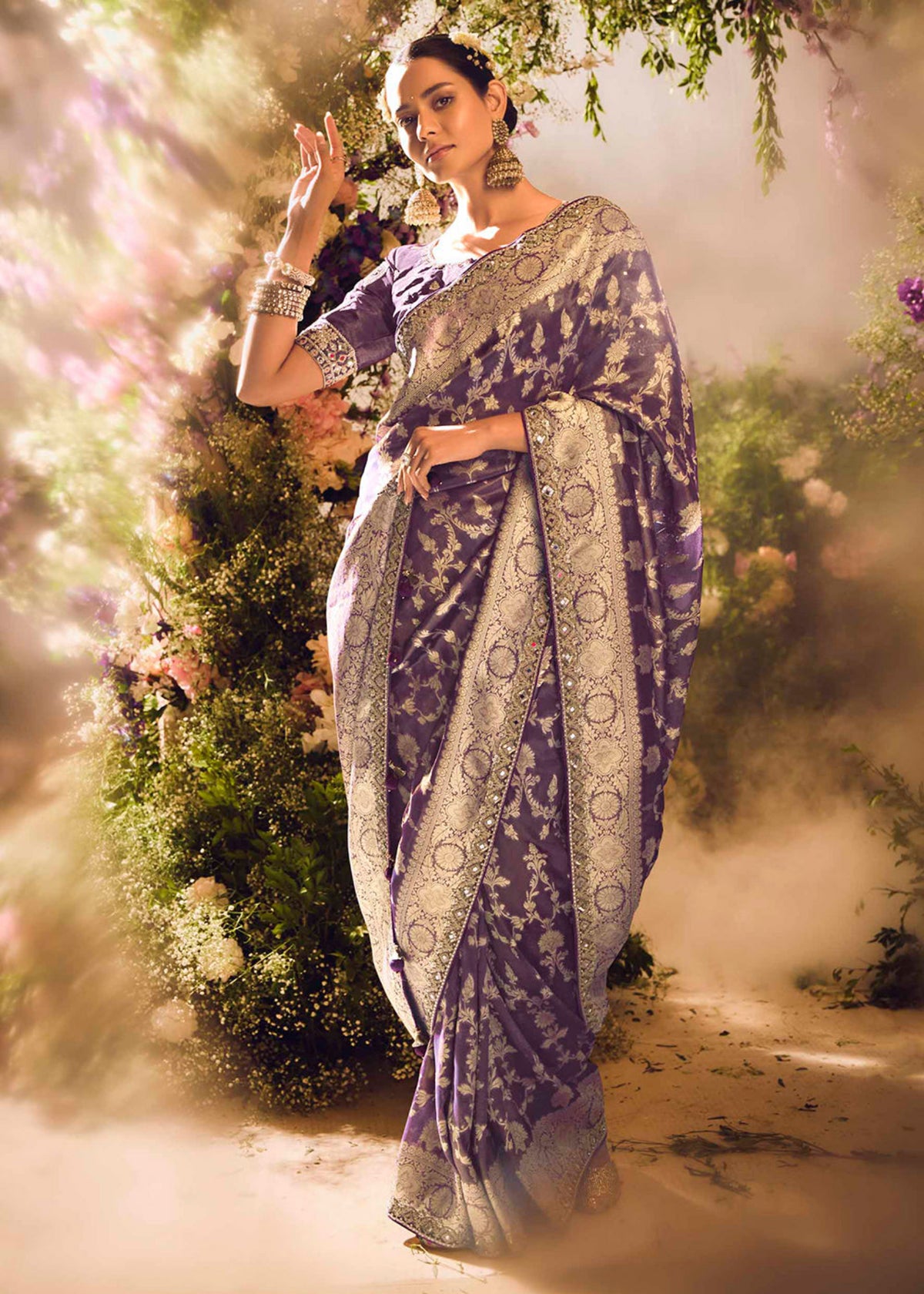 Purple Embroidery Banarasi silk Saree