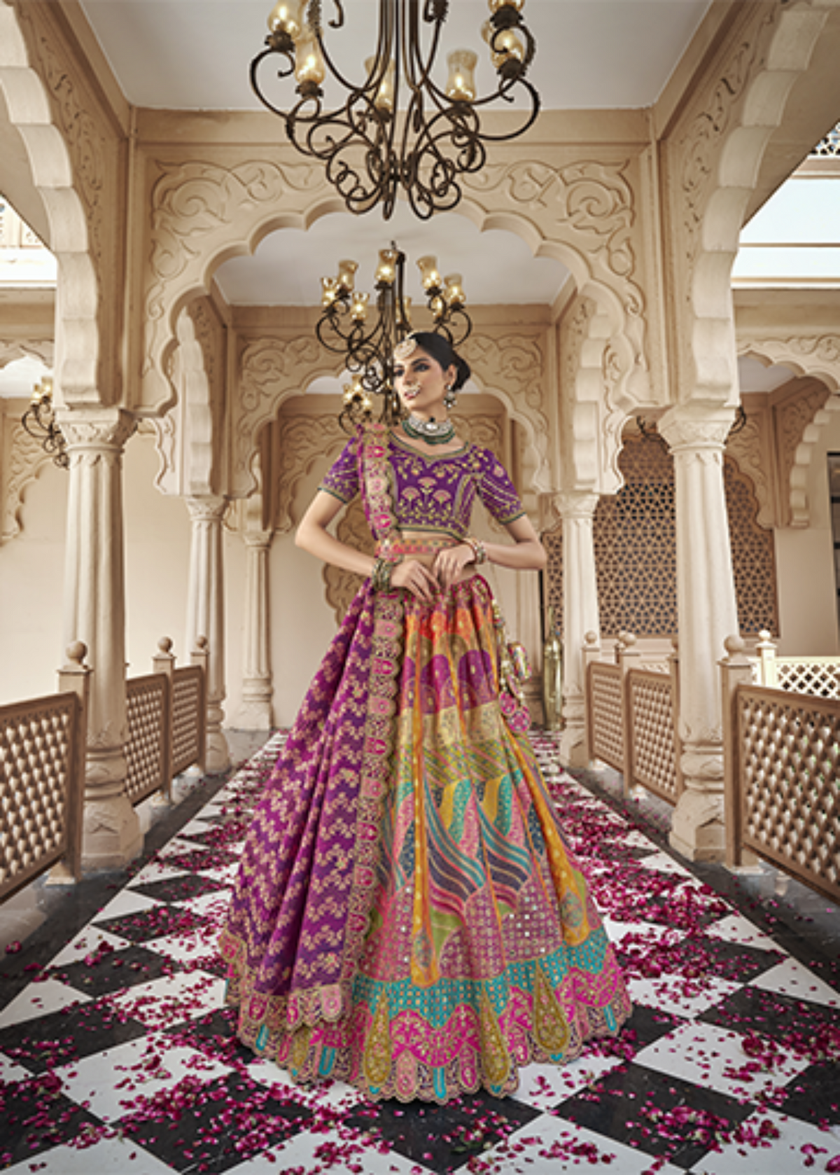 Purple Mix Color Magnificent Zarkan Banarasi Silk Lehenga