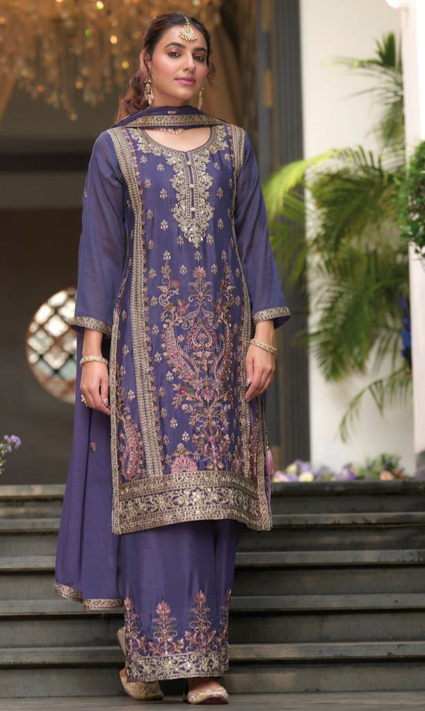 Purple Multi Embroidery Palazzo Suit