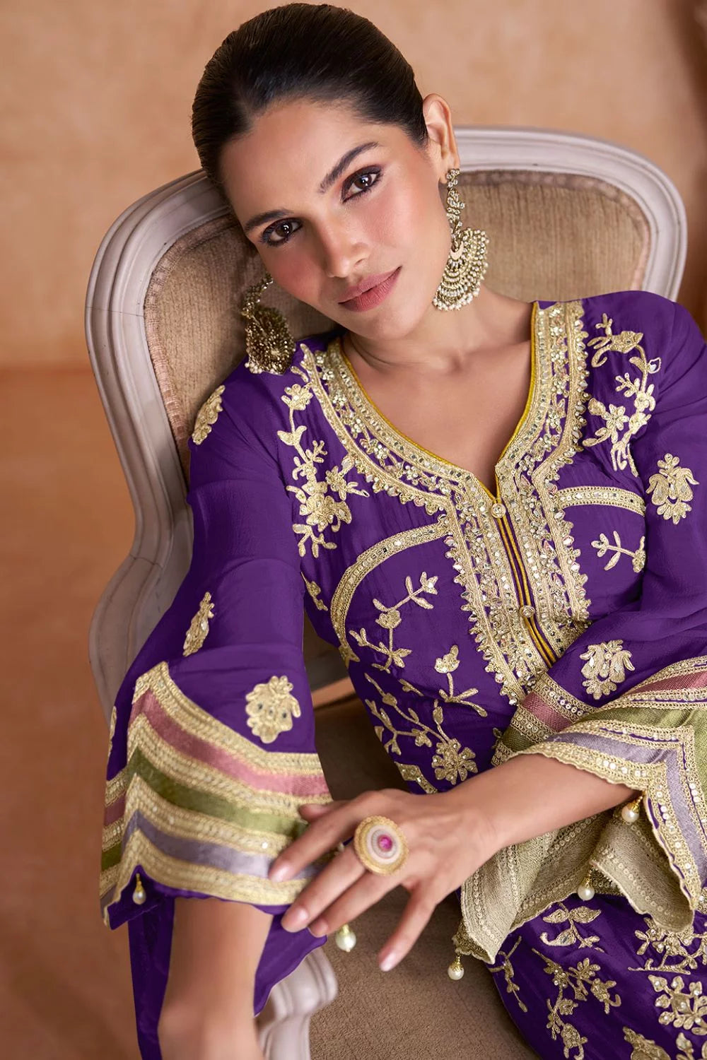 Purple Multi Embroidery Pant Style Suit 