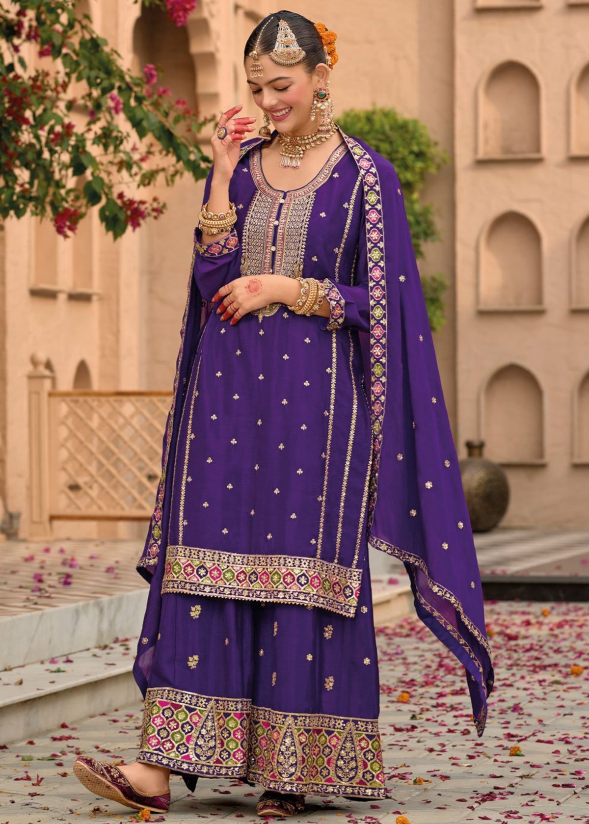 Purple Multi Embroidery chinnon silk Palazzo Suit