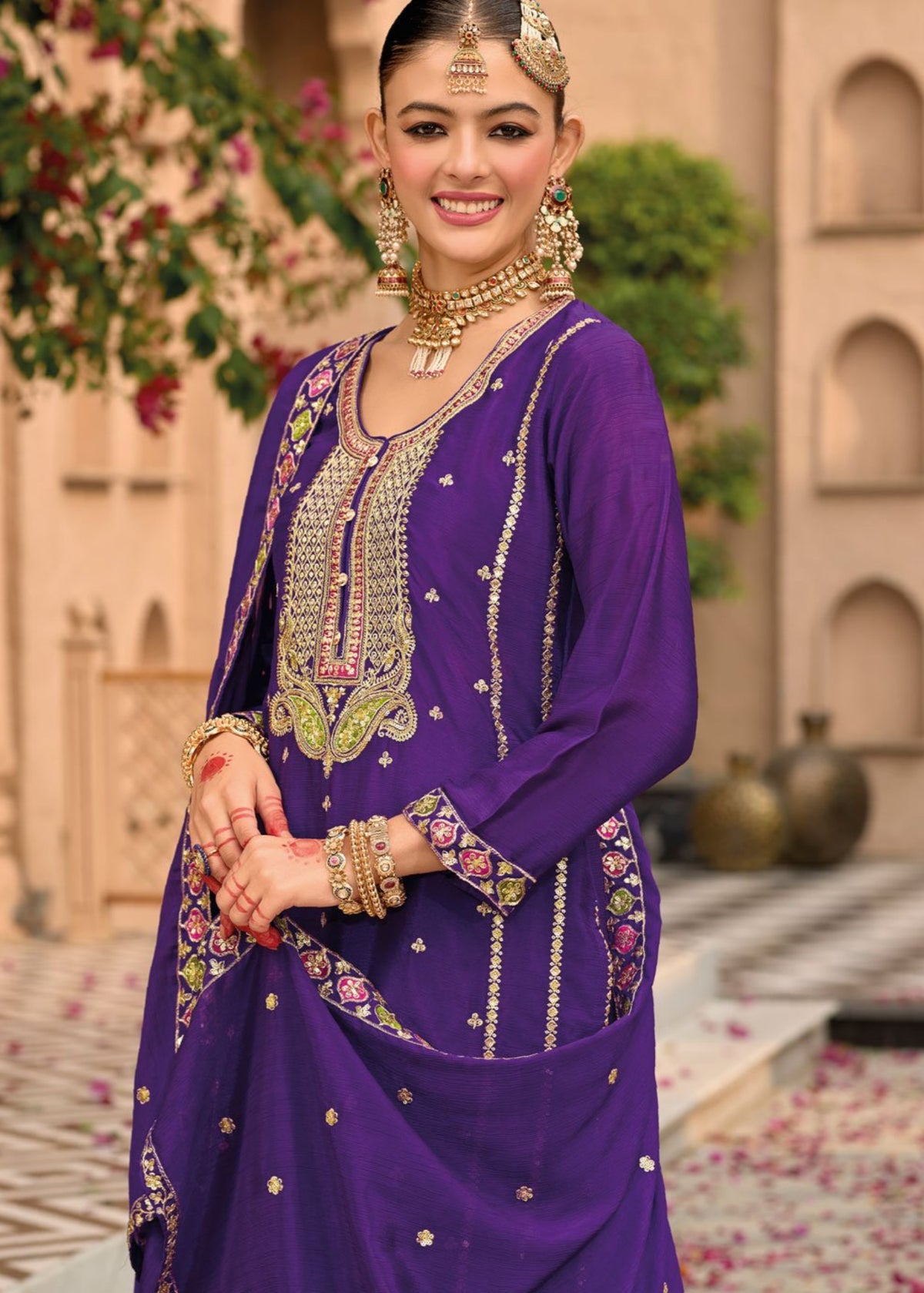 Purple Multi Embroidery chinnon silk Palazzo Suit