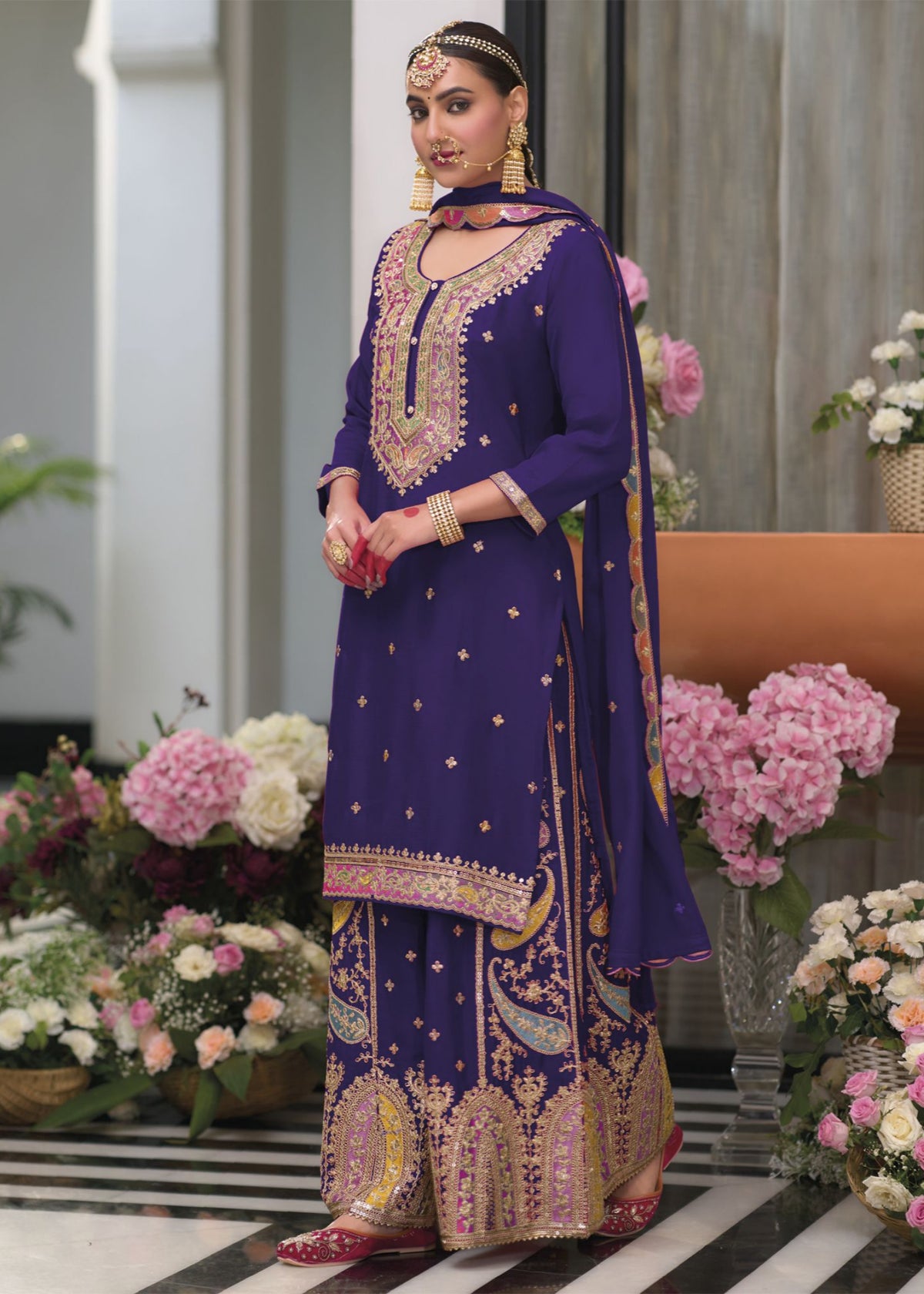 Purple Multi colored Embroidery Palazzo Suit