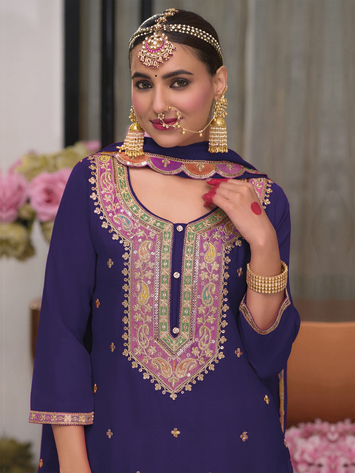 Purple Multi colored Embroidery Palazzo Suit