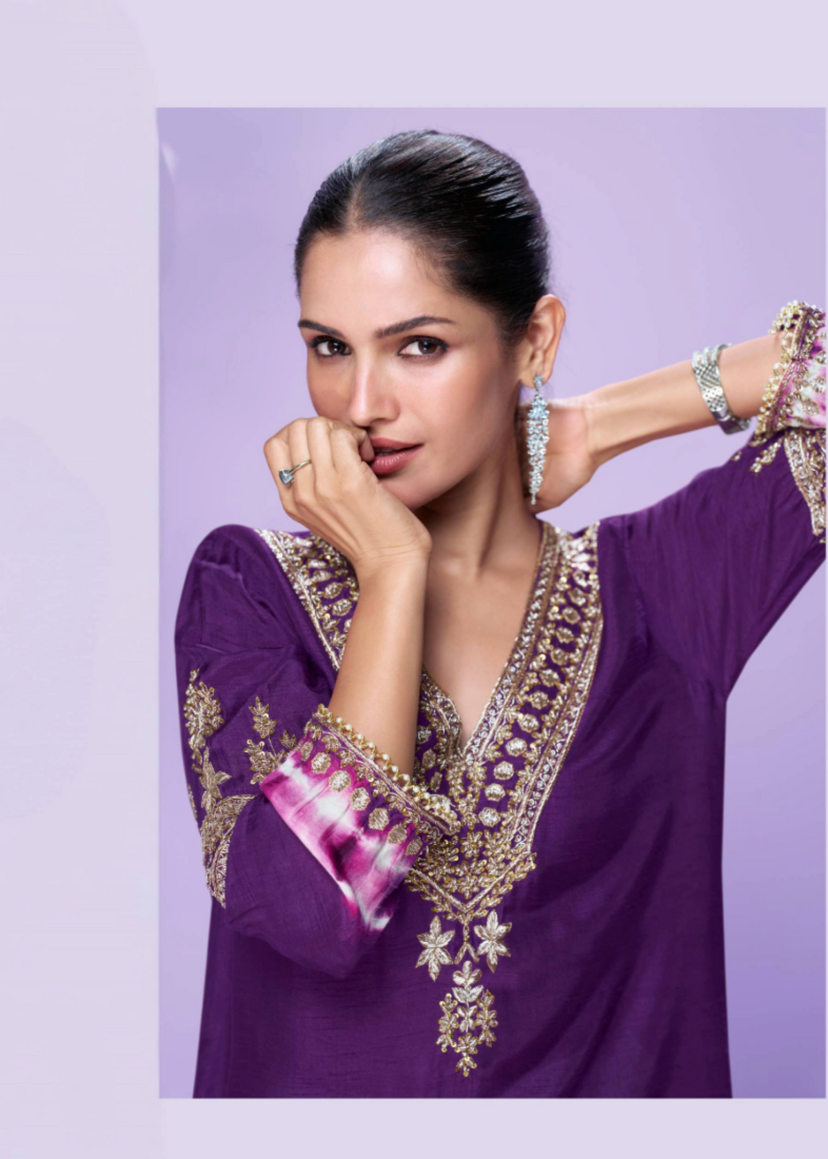 Purple Silk Mirror Embroidered Kurti Set- 2025