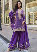 Purple Viscose Silk Embroidered Sharara Suit