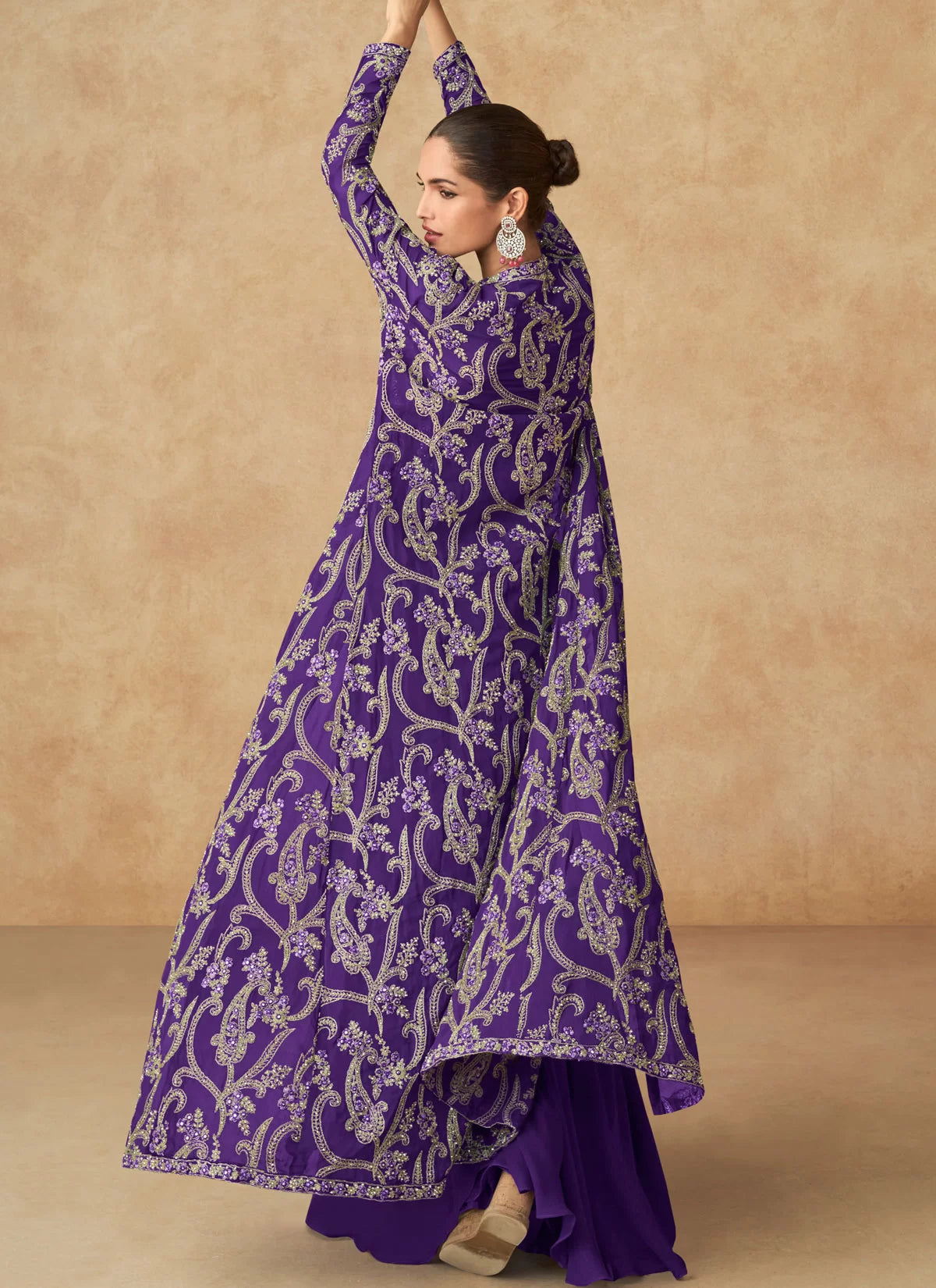 Purple georgette Embroidered Jacket Style sharara Suit