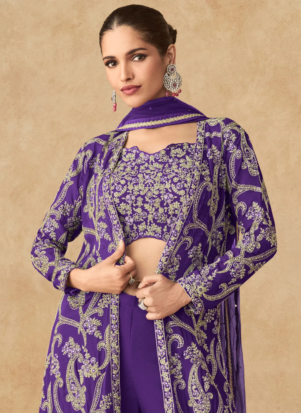 Purple georgette Embroidered Jacket Style sharara Suit