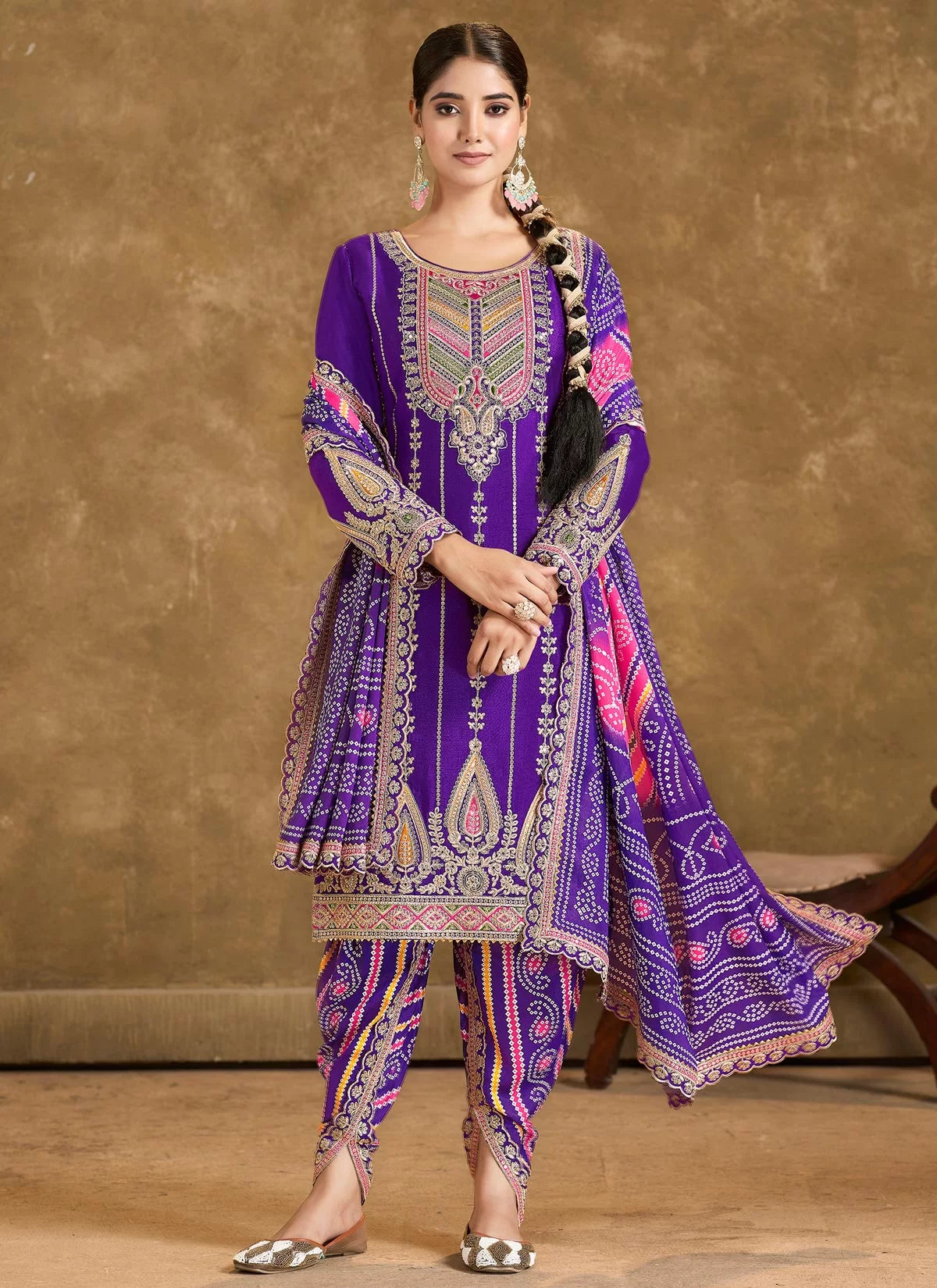 Purple multi embroidery bandhani designer dhoti style suit