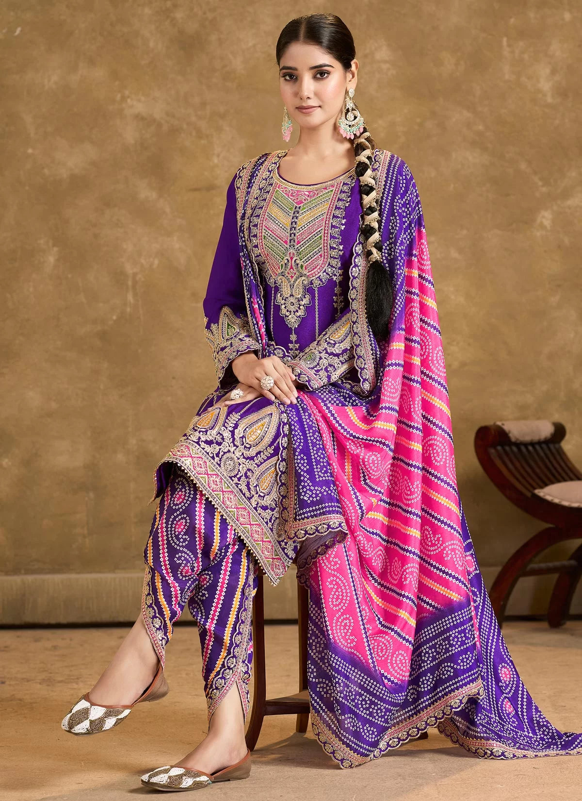 Purple multi embroidery bandhani designer dhoti style suit