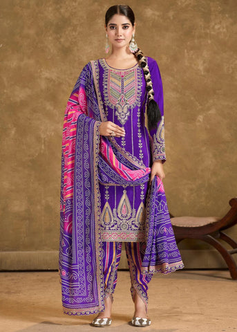 Purple multi embroidery bandhani designer dhoti style suit
