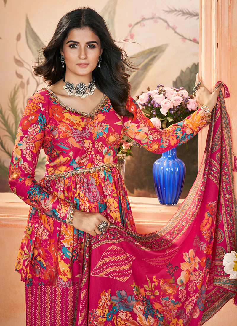 Rani Pink Digital Printed Peplum Pant Style Suit