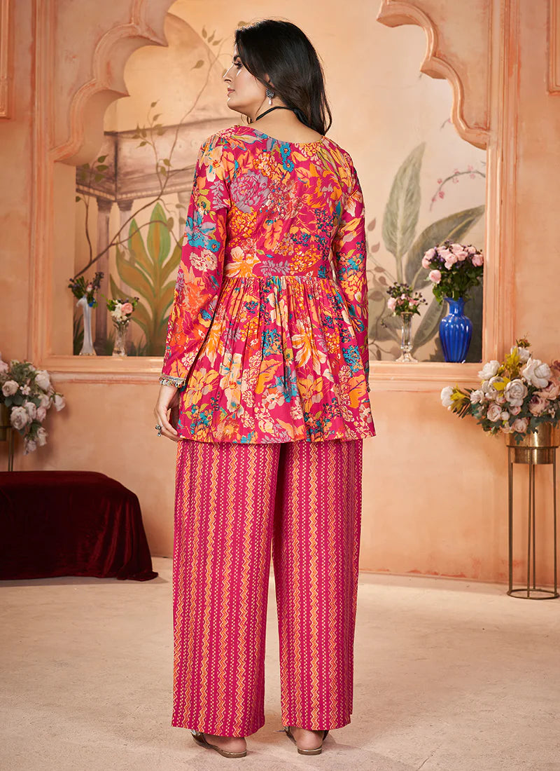 Rani Pink Digital Printed Peplum Pant Style Suit