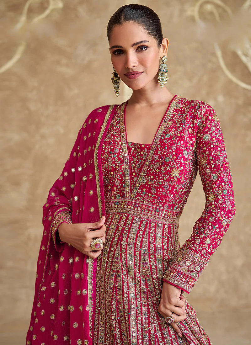 Rani Pink Embroidery Festive Anarkali Gown Dress