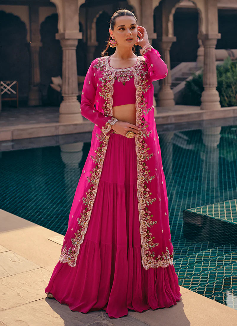 lehenga suit - lehenga with jacket - Rani - Pink- Multi -Embroidered- Lehenga -Choli -With -Jacket