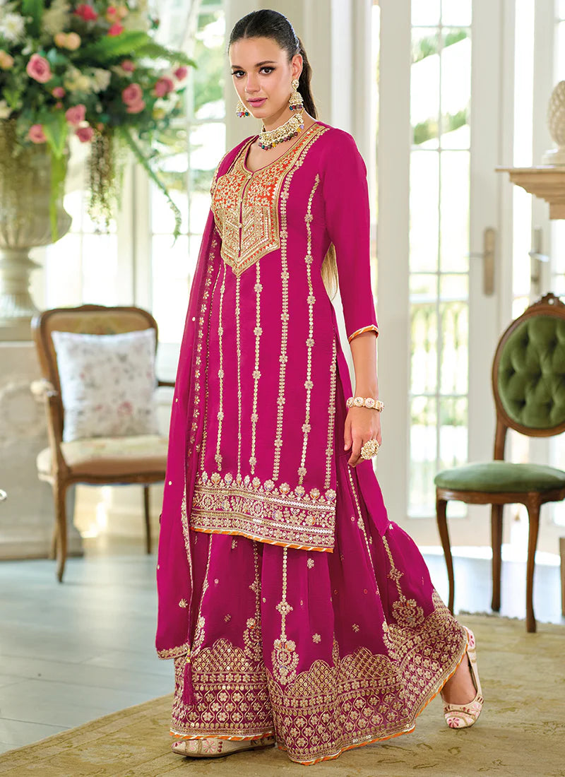 Rani Pink Multi Embroidery Wedding Sharara Suit