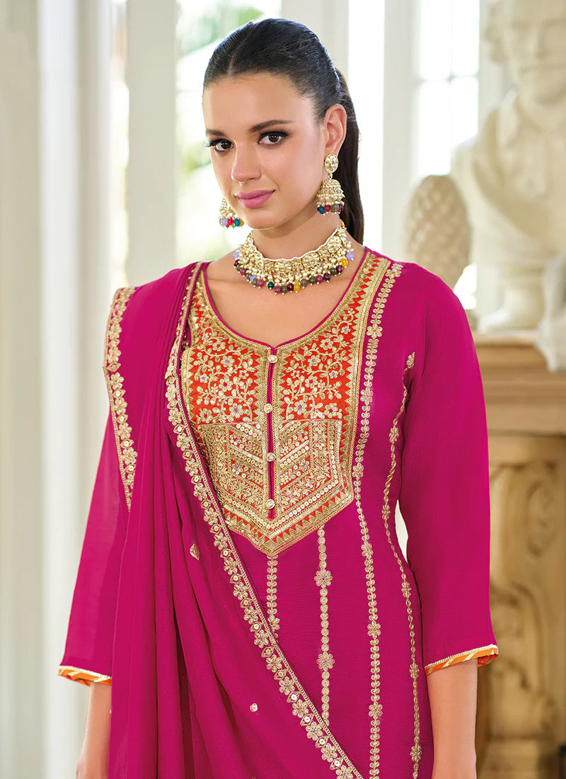 Rani Pink Multi Embroidery Wedding Sharara Suit