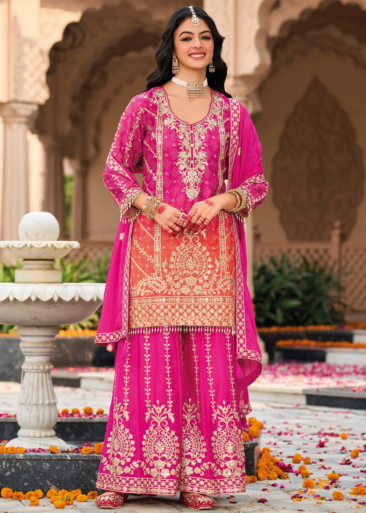 Buy now rani pink and orange ombre Palazzo suit at variyav