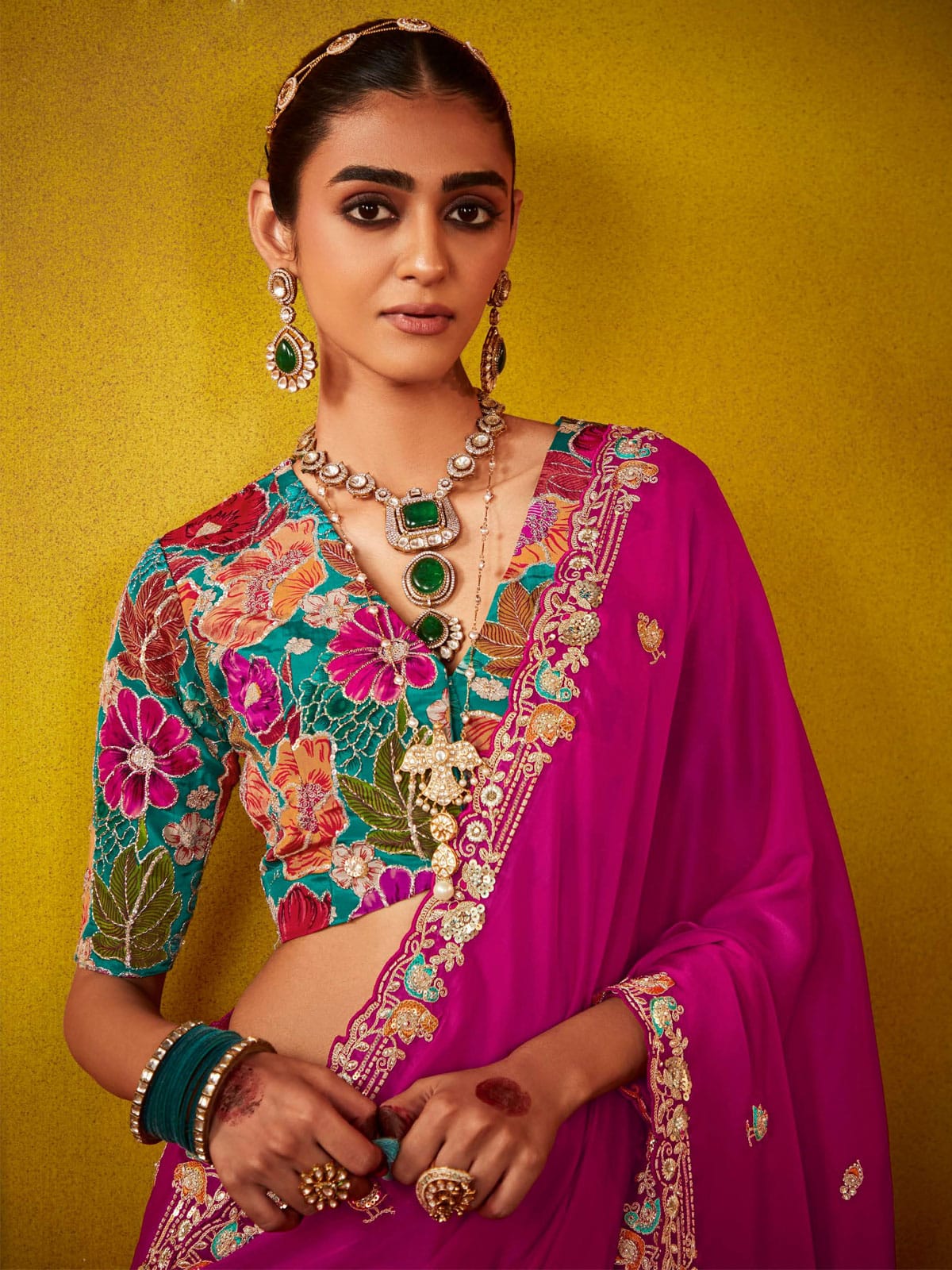 Rani Pink And Teal Multi Embroidery Silk Saree