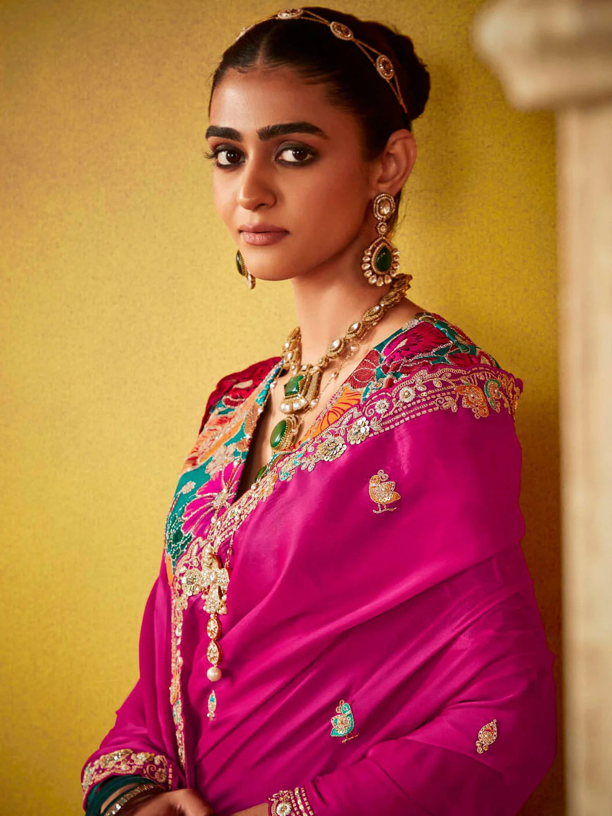 Rani Pink And Teal Multi Embroidery Silk Saree
