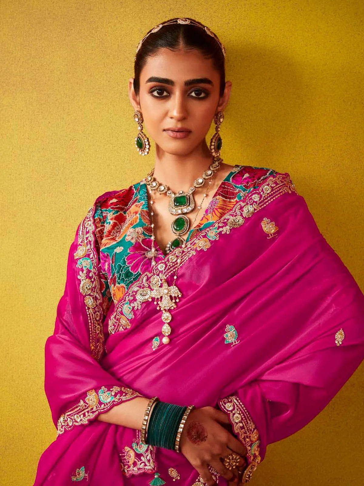 Rani Pink And Teal Multi Embroidery Silk Saree