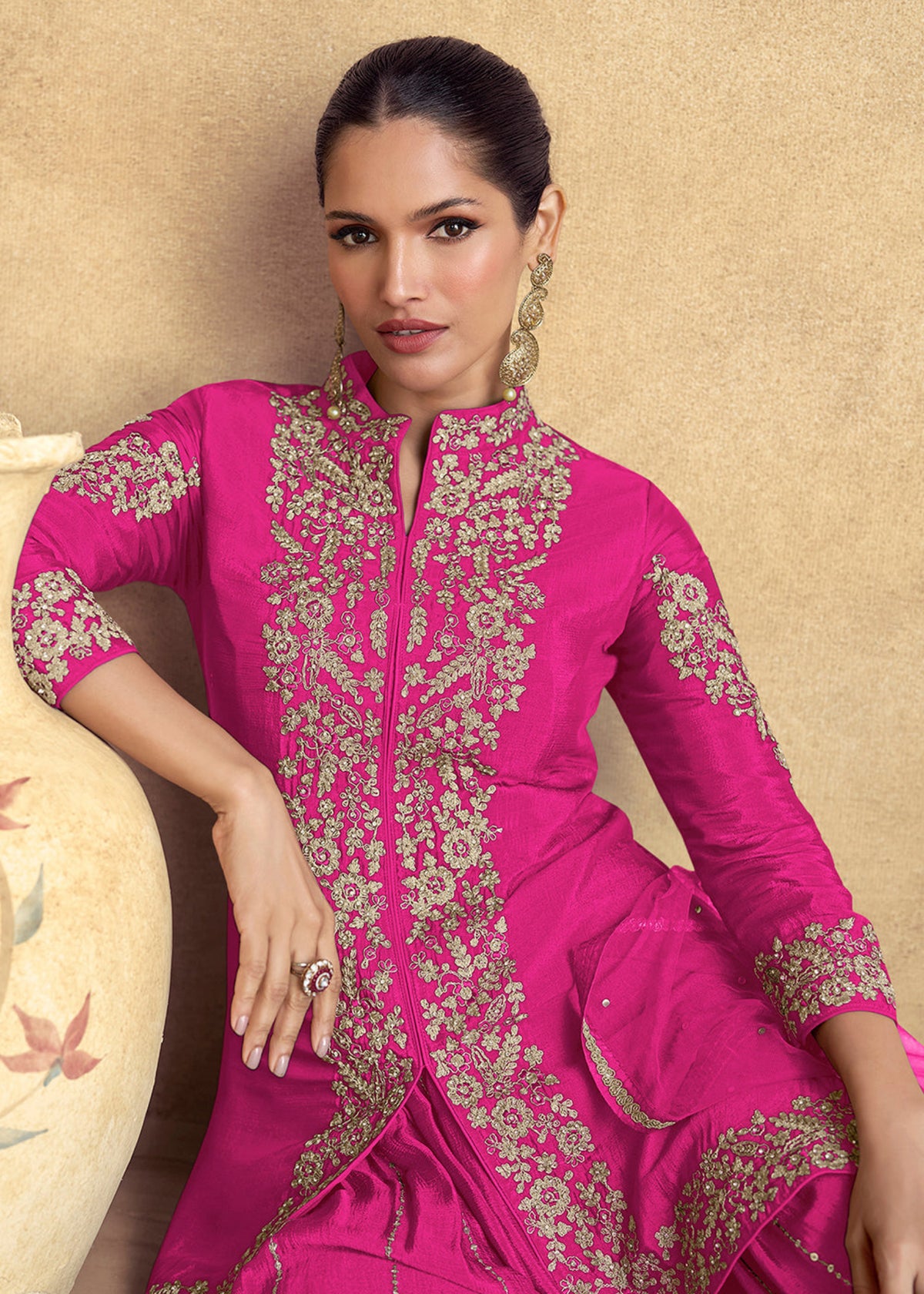 Buy Rani Pink Embroidered Sharara Style Suit