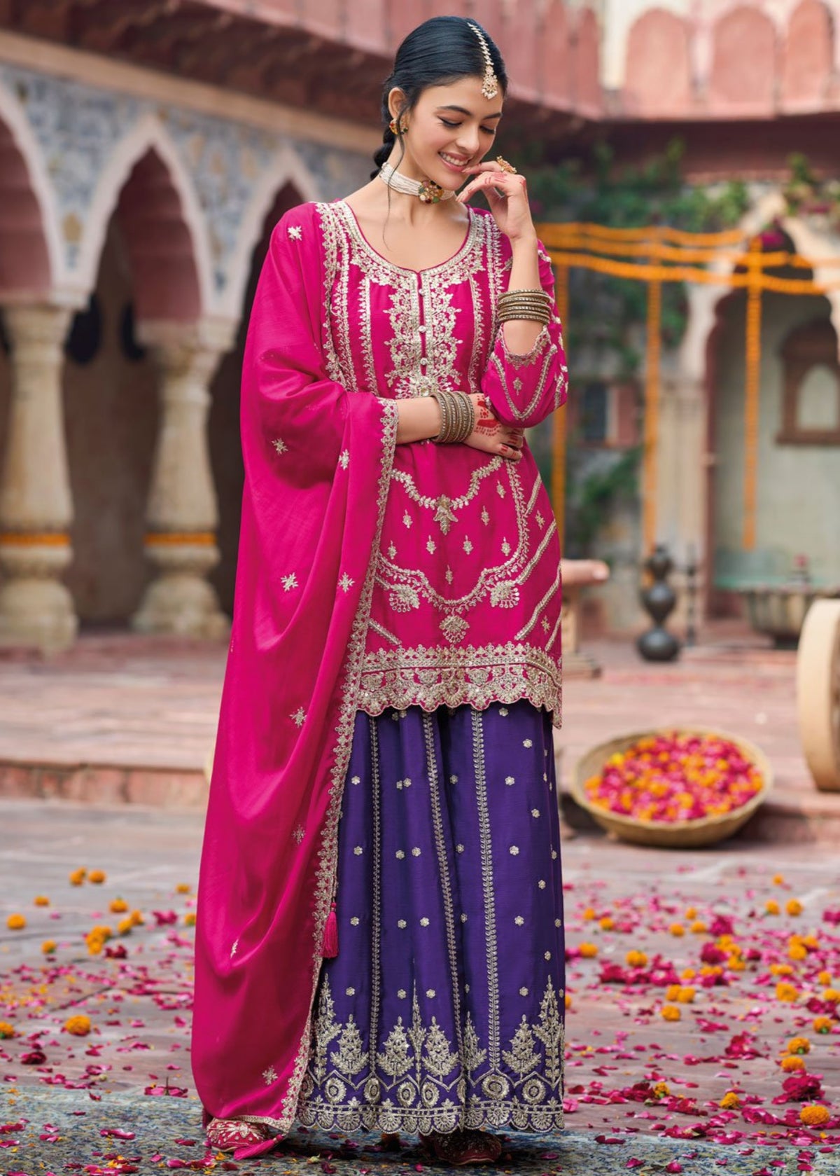 Rani pink And purple Embroidered Sharara Suit