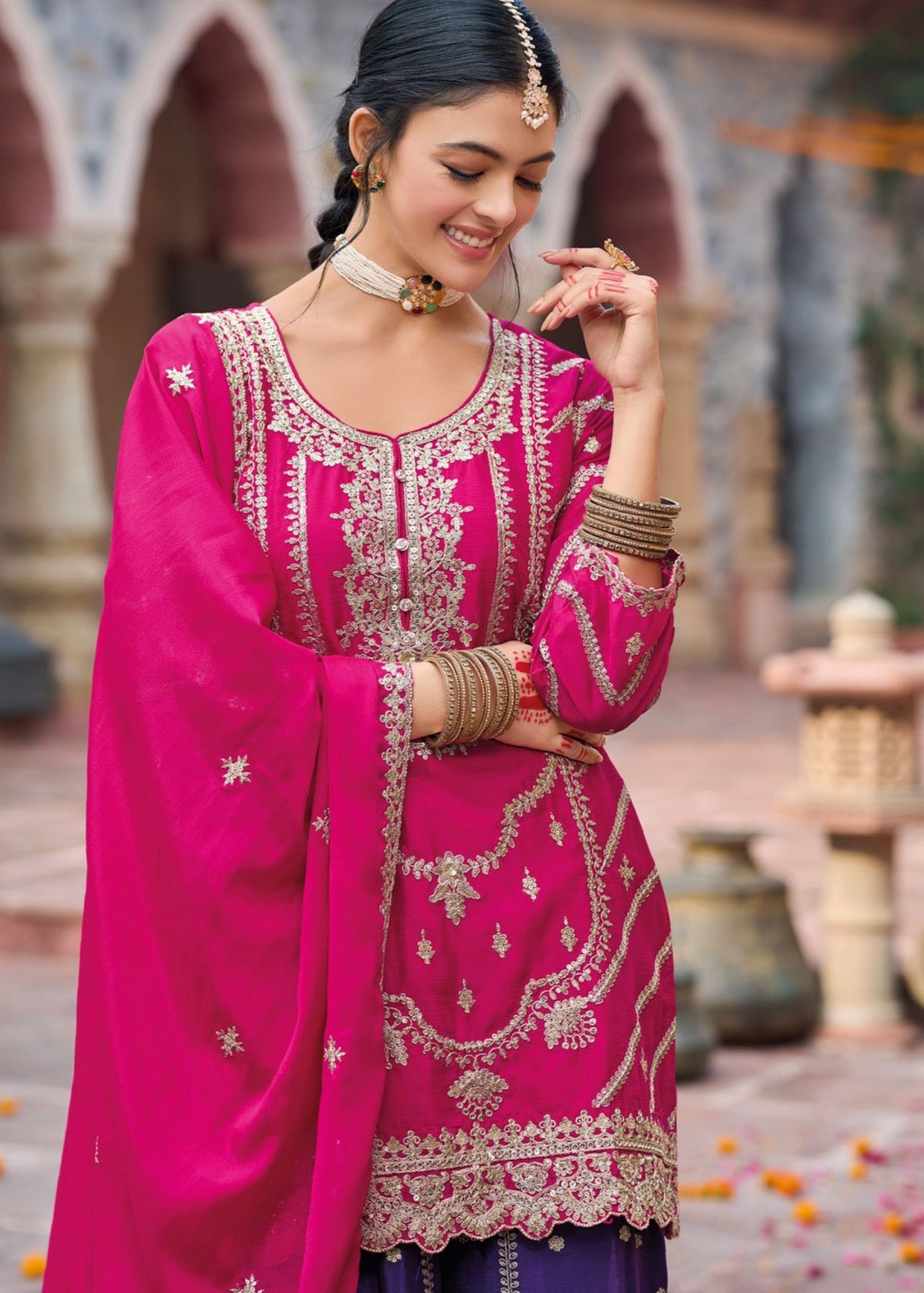 Rani pink And purple Embroidered Sharara Suit