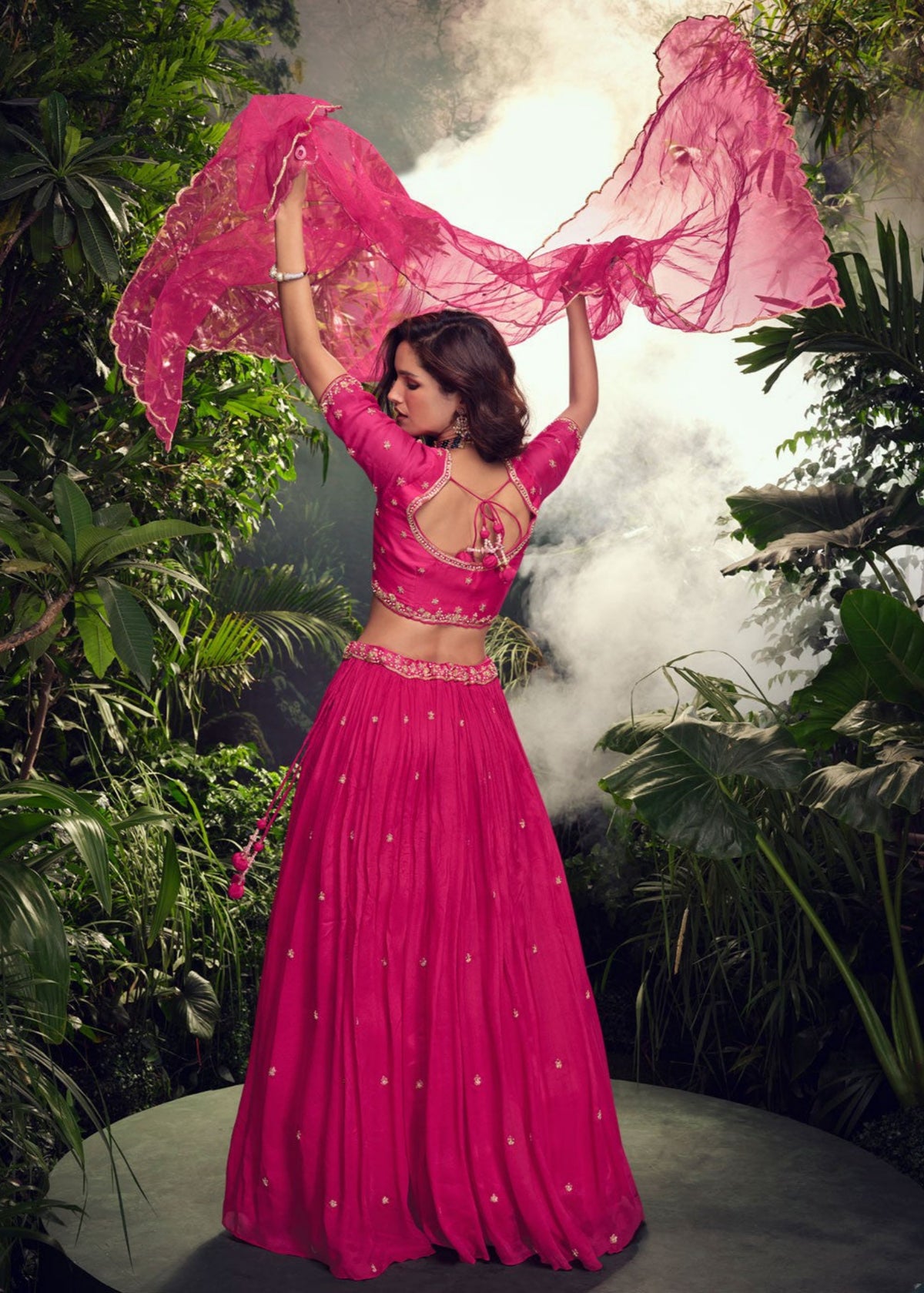 Rani pink Embroidered Silk Lehenga Choli