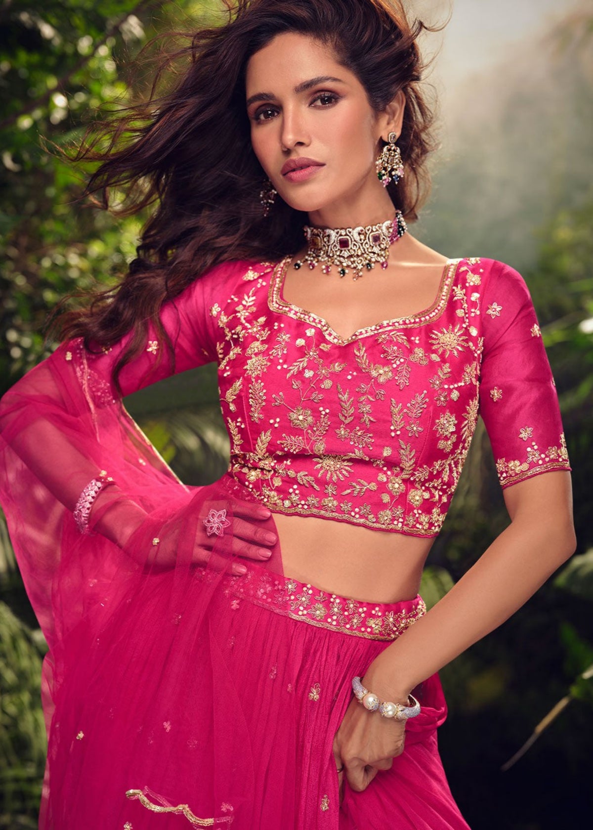 Rani pink Embroidered Silk Lehenga Choli