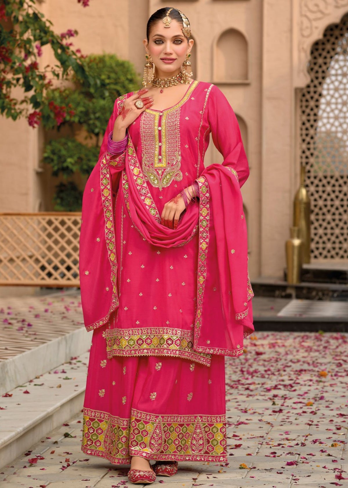 Rani pink Multi Embroidery chinnon silk Palazzo Suit