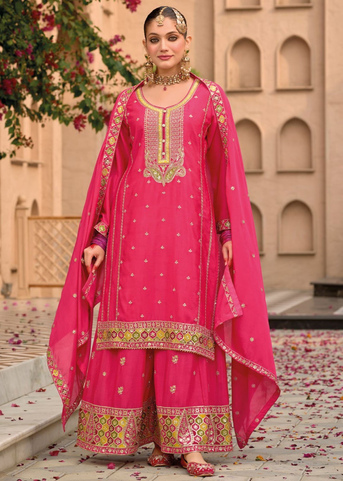 Rani pink Multi Embroidery chinnon silk Palazzo Suit