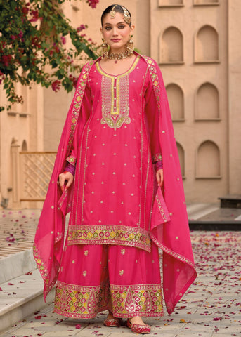 Rani pink Multi Embroidery chinnon silk Palazzo Suit