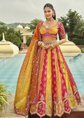 Red-Yellow Embroidered Cut Work Border Silk Lehenga