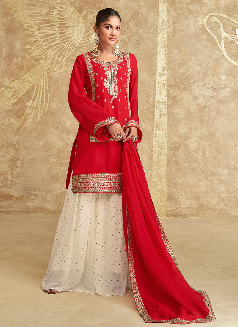 Red And Off White Embroidered Gharara Style Suit