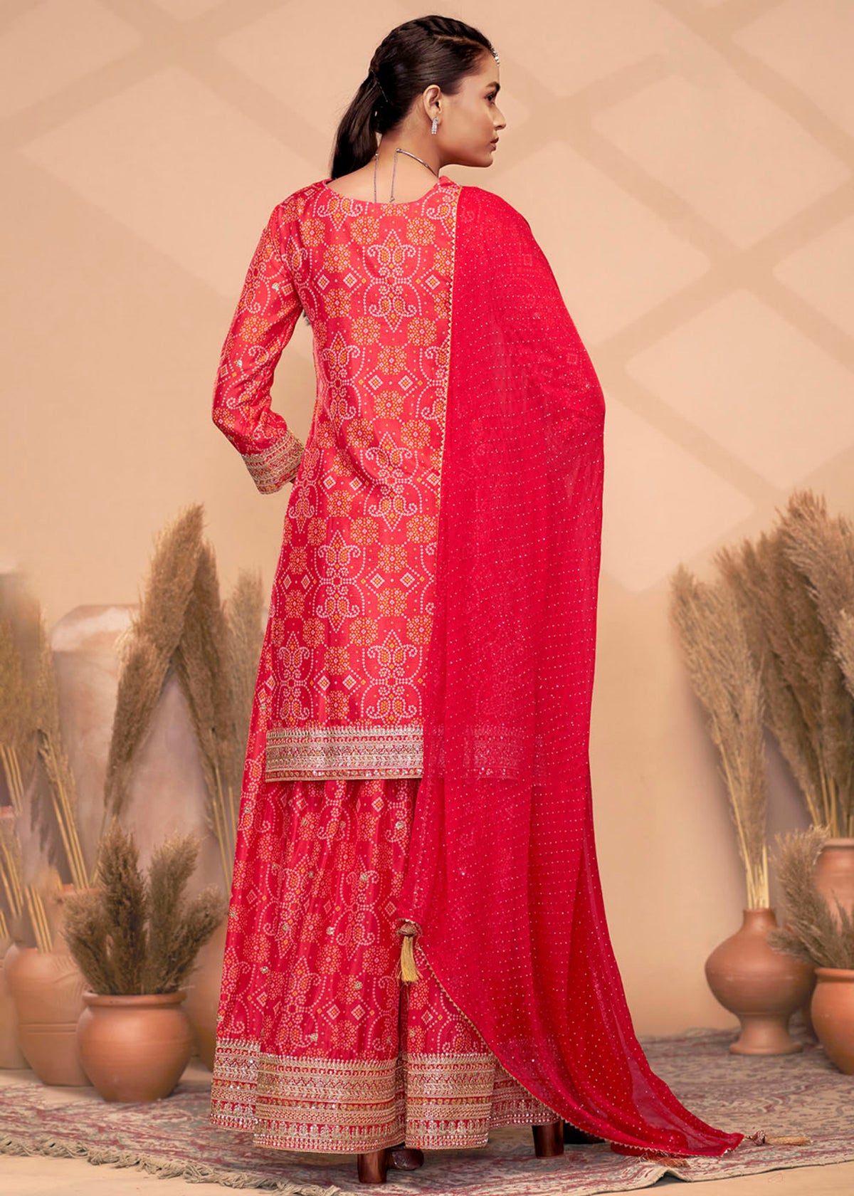 Buy Red Bandhani Printed Sharara Suit